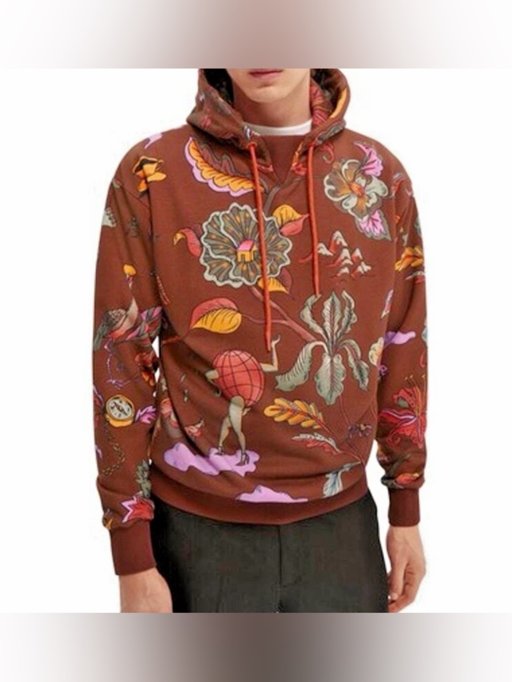 Scotch & Soda Men’s Hoodie XL Graphic Brown Multicolor Pullover Streetwear
